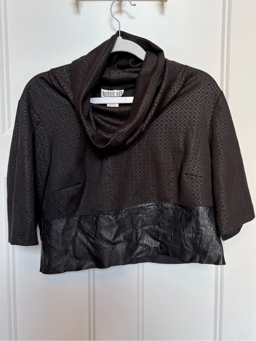 Robbie Bee Black Textured Cowl Neck Crop Top Faux Leather Trim sz 8